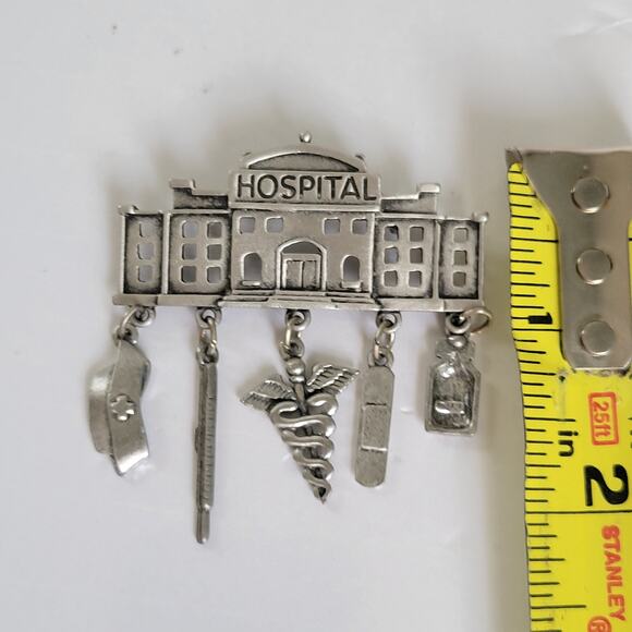 Vintage 80s Jonette Jewelry Hospital Nurse Brooch Lapel Pin Pewter Silver Charms - Picture 7 of 7